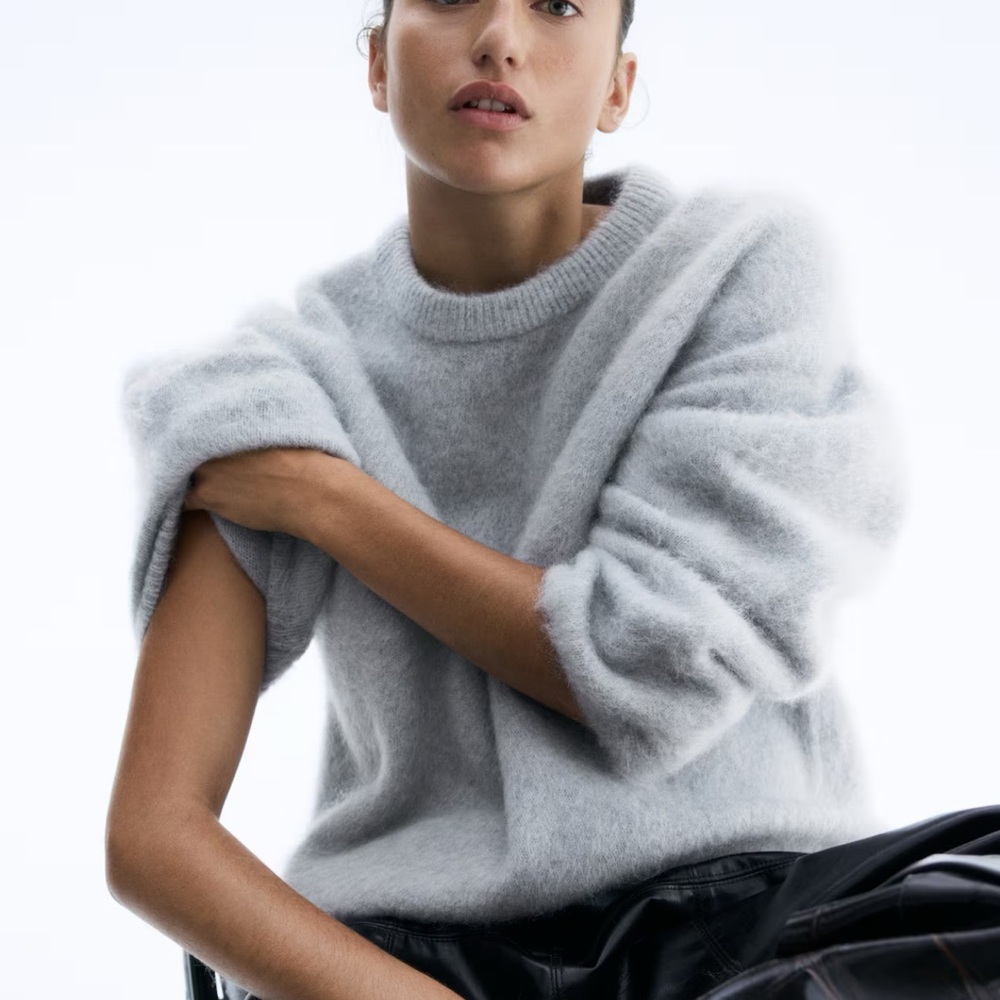 H&M Light Gray Fuzzy Crew Neck Sweater